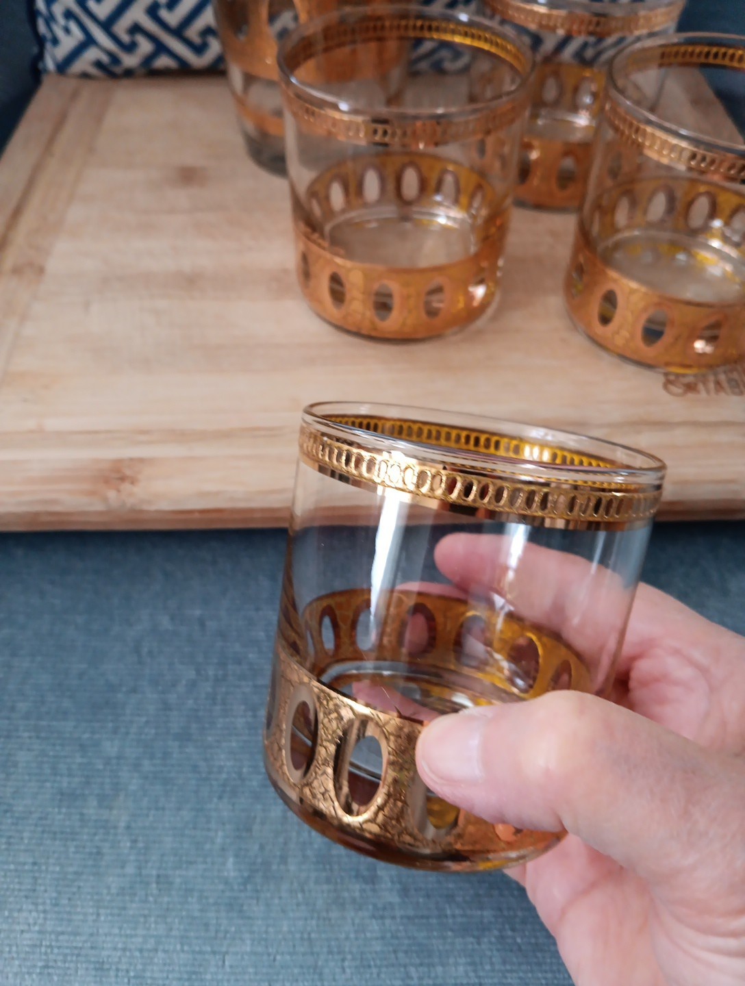 Vtg MCM 60s Culver Antigua Cocktail Shaker Low Ball 5 Pc Barware Set 22k Gold