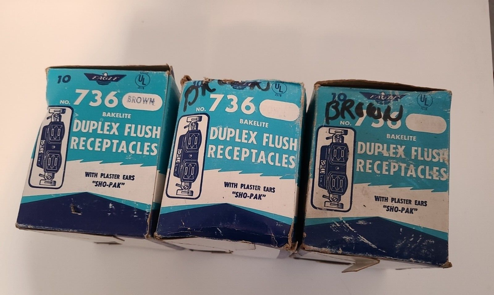 25 Eagle 736 Brown Bakelite Duplex Flush Receptacle, Sealed NOS 15 Amp 125 Volt