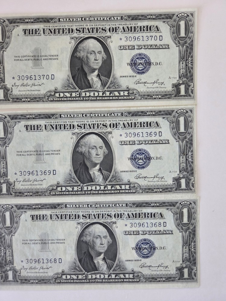 1935 Series E Silver Certificate Consecutive Star Notes 30961368 D* /69 D*/70 D*
