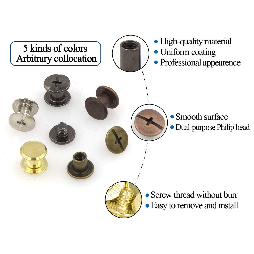 100 Sets Chicago Screws Assorted Kit 5 Color Leather Rivets Screw Rivets Flat...