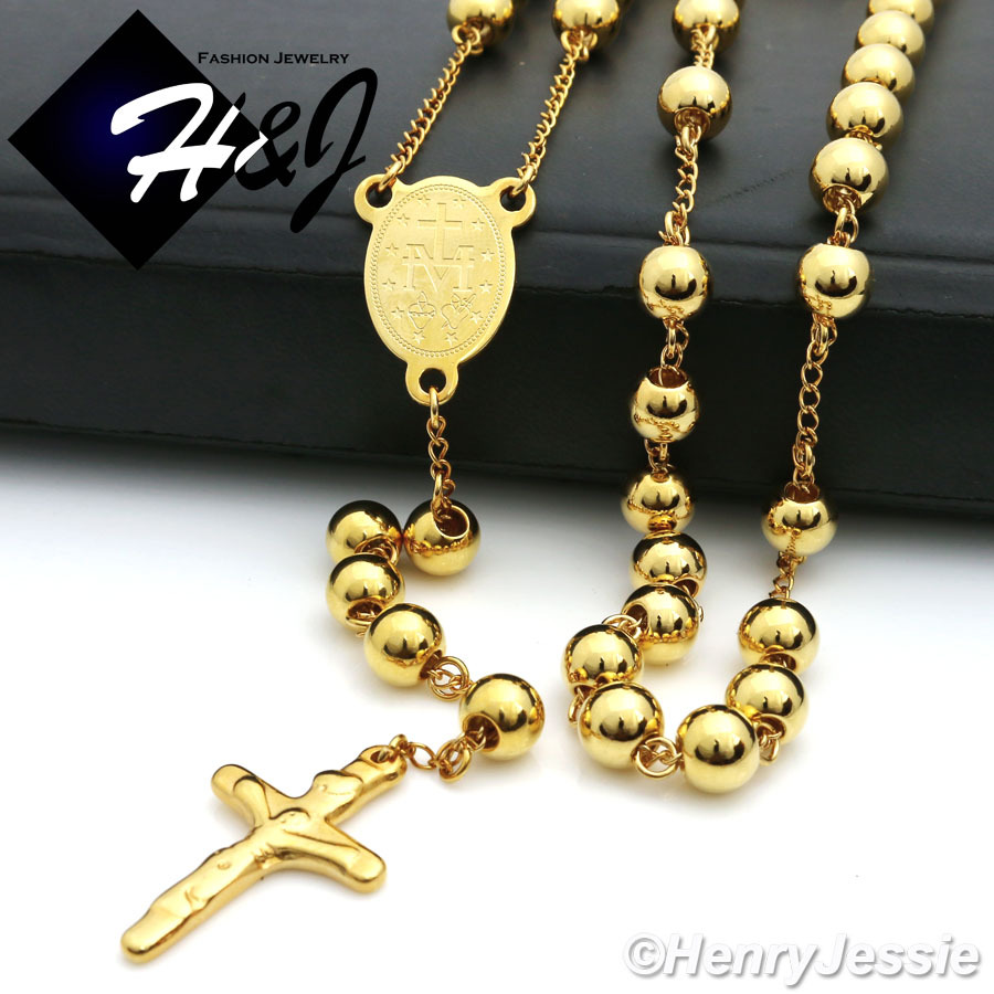 30+5"MEN's Stainless Steel HEAVY 8mm Gold Plated Beads Cross Rosary Necklace