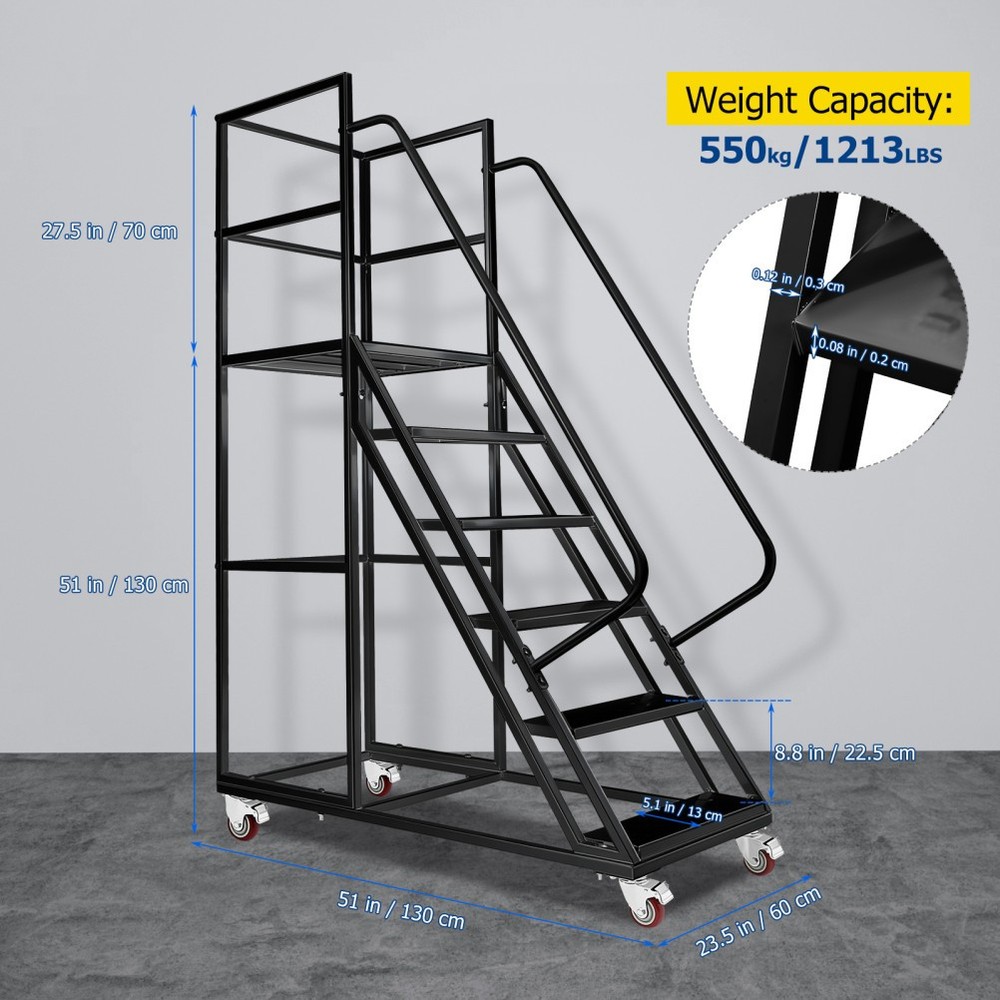Rolling Ladder 6-Step Warehouse Ladder Platform Height 27.5" w/ Lockable Wheels
