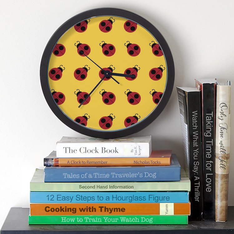 CafePress Cute Red Ladybug Yellow Pattern 10" Wall Clock (34813477)