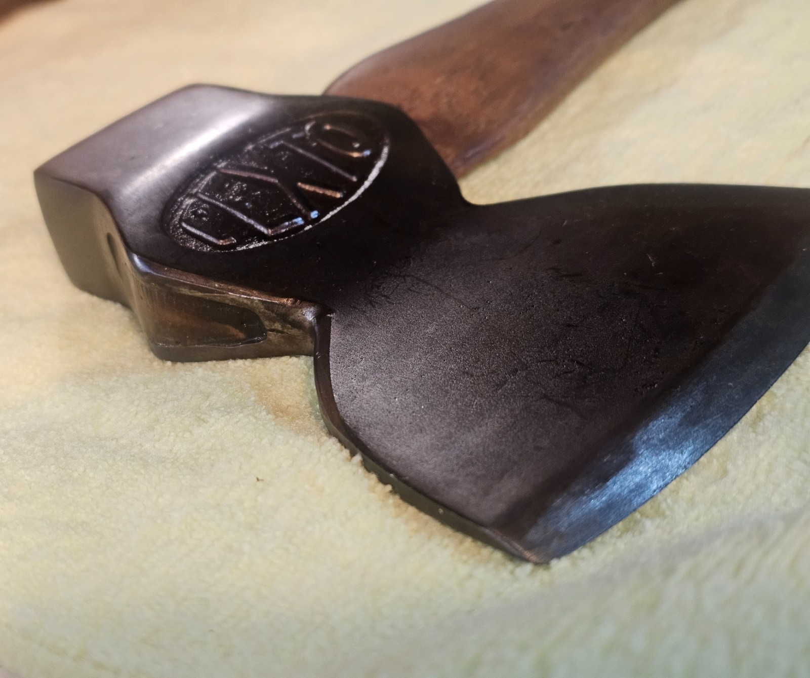 Antique embossed PEXTO broad carpenter hatchet axe