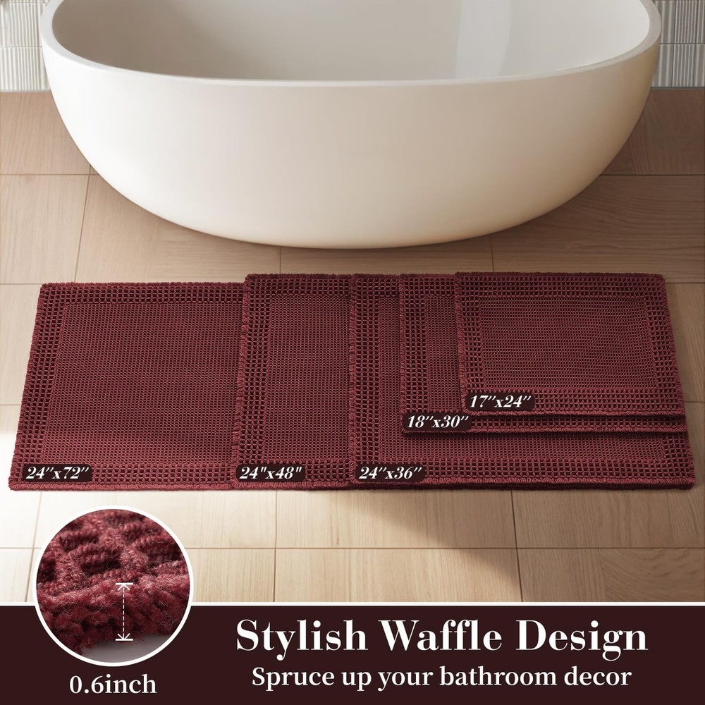 RESARE Waffle Bath Mat for Bathroom, Super 1'5" x 2' (Rectangular), Dark Red