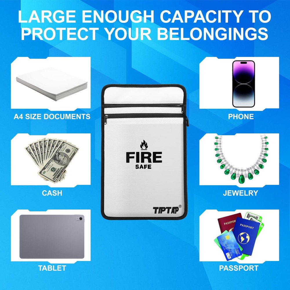 TIPTAP Fireproof Document Bag with Two Pockets, 11x15IN Waterproof Silver