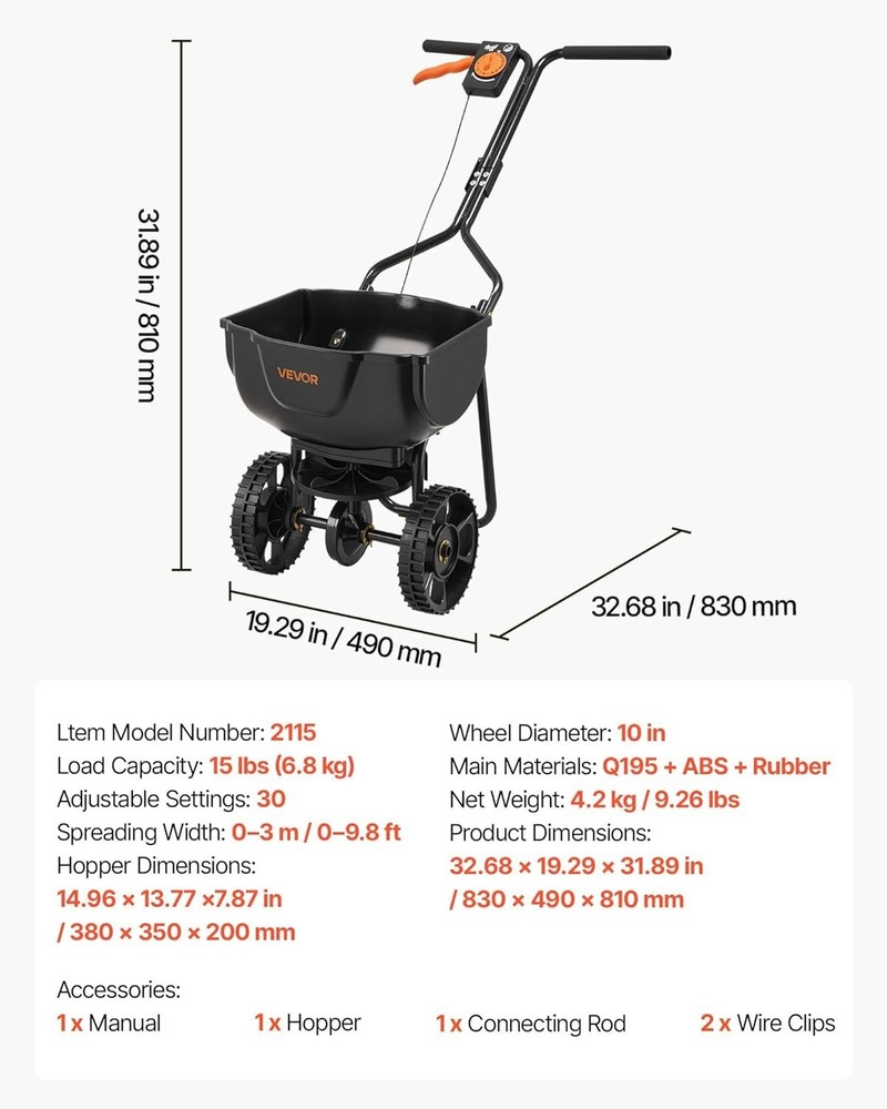 Broadcast Spreader, 9.8ft Spreading Width, Push Broadcast Spreader with 10" ...