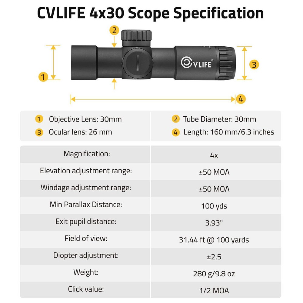 Compact 4x30 Rifle Scope Illuminated Customized-Dot Reticle w/ 30mm Offset Mount
