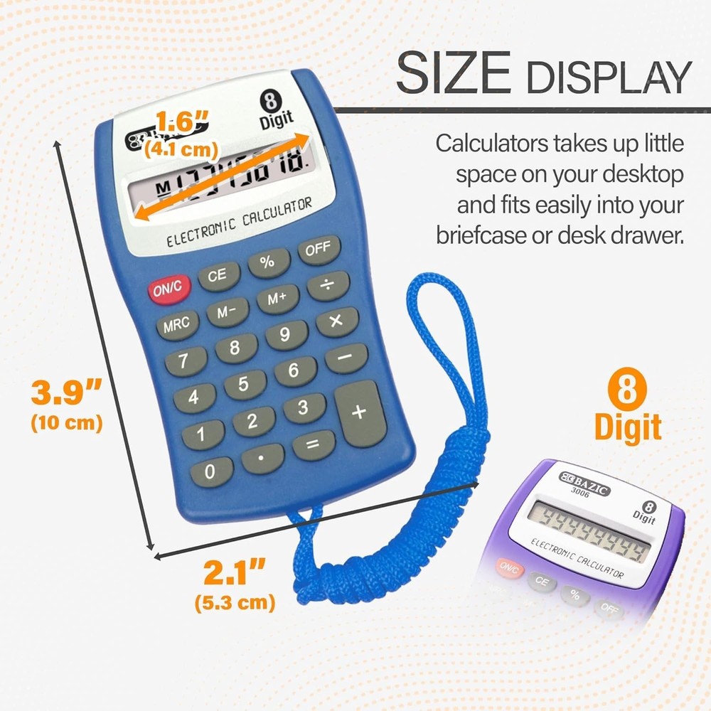 BAZIC Pocket Calculator 8-Digit LCD with Neck String 24-Pack Assorted Colors