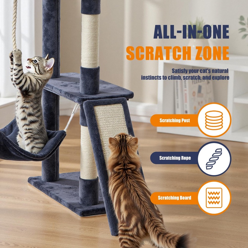 Large 63in Cat Tree Tower, Multi Level Cat Climbing Tower with Condo, Natural...