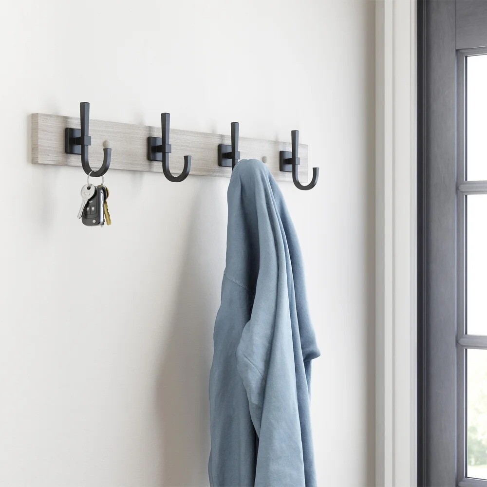 Miller 27" Wall Mounted Hook Rack, 4 Hooks, Rustic Gray & Matte Black