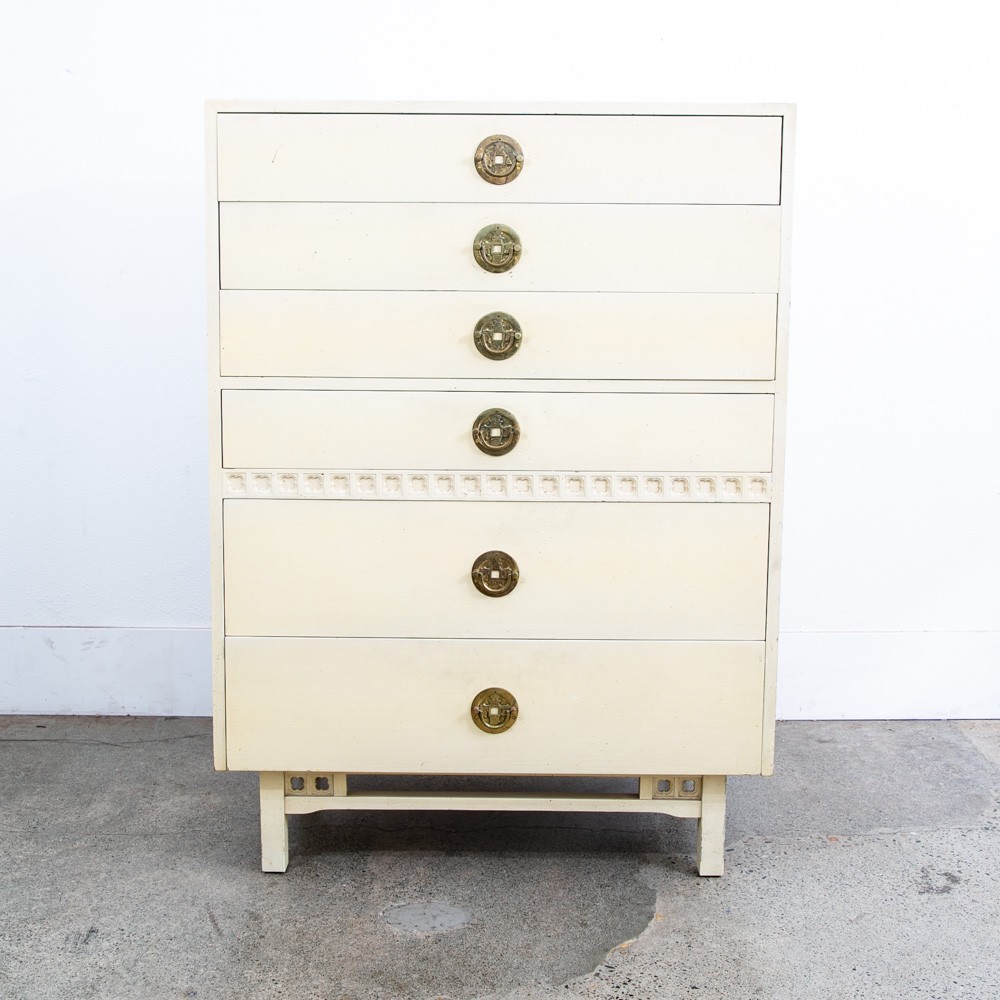 Mid Century Modern Dresser Highboy 6 Drawer White American Kalpe Trim Vintage