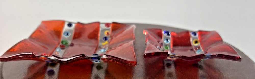 TWO Small Glass Orange + Multicolored Millefiori Square Trinket Dish Ashtrays