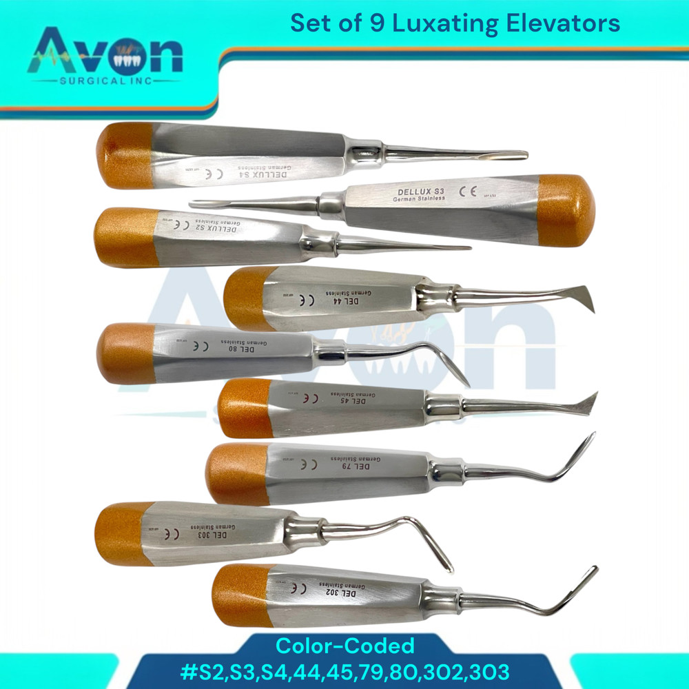 9pcs Dental Root Tooth Extraction Luxating Elevator Pick, Straight, Right, Left