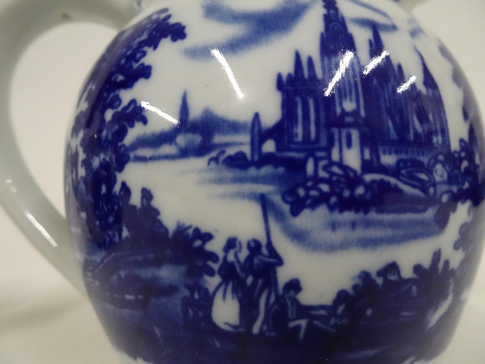Pair Matching Ceramic Pitcher Creamers w Blue Castle Pattern