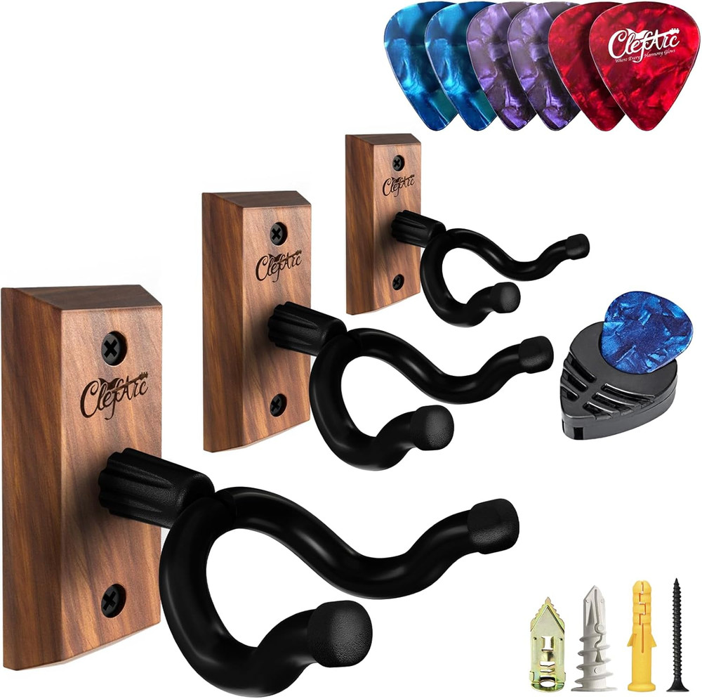 Guitar Wall Mount 3 Pack Black Walnut U-Shape Hangers with Picks & Hardware