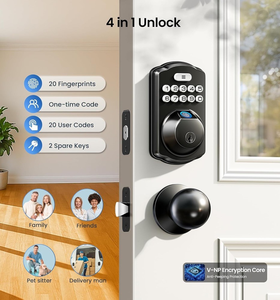 Fingerprint Door Lock with 2 Knobs - Keyless Entry Door Lock with Handle, Ele...