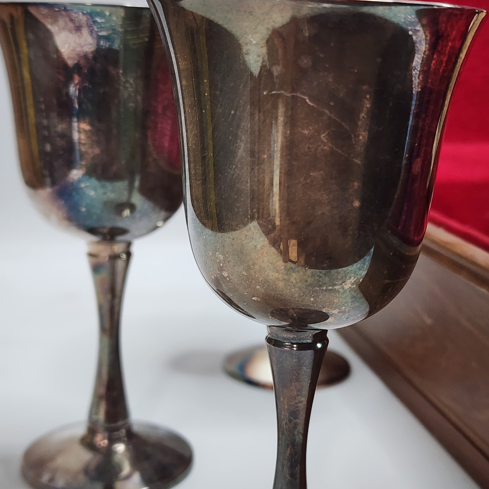 Set of 8 Vtg SALEM Portugal Silverplate water/wine Chalices/Goblets, 6.75" Case