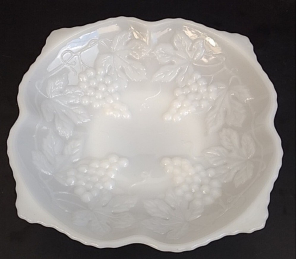 Anchor Hocking White Milk Glass Bowl Dish Grape Pattern 10"