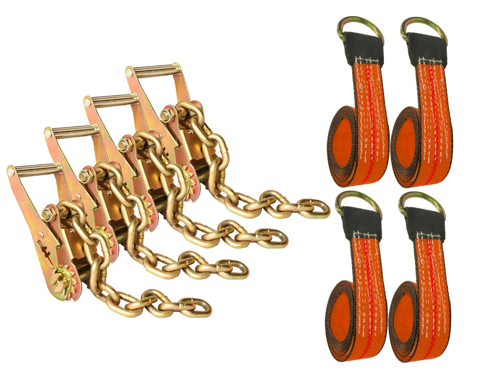 10 ft Reinforced Eye Lasso Strap & Tie Down Ratchet with 3/8" Tail Chain (4 pc)