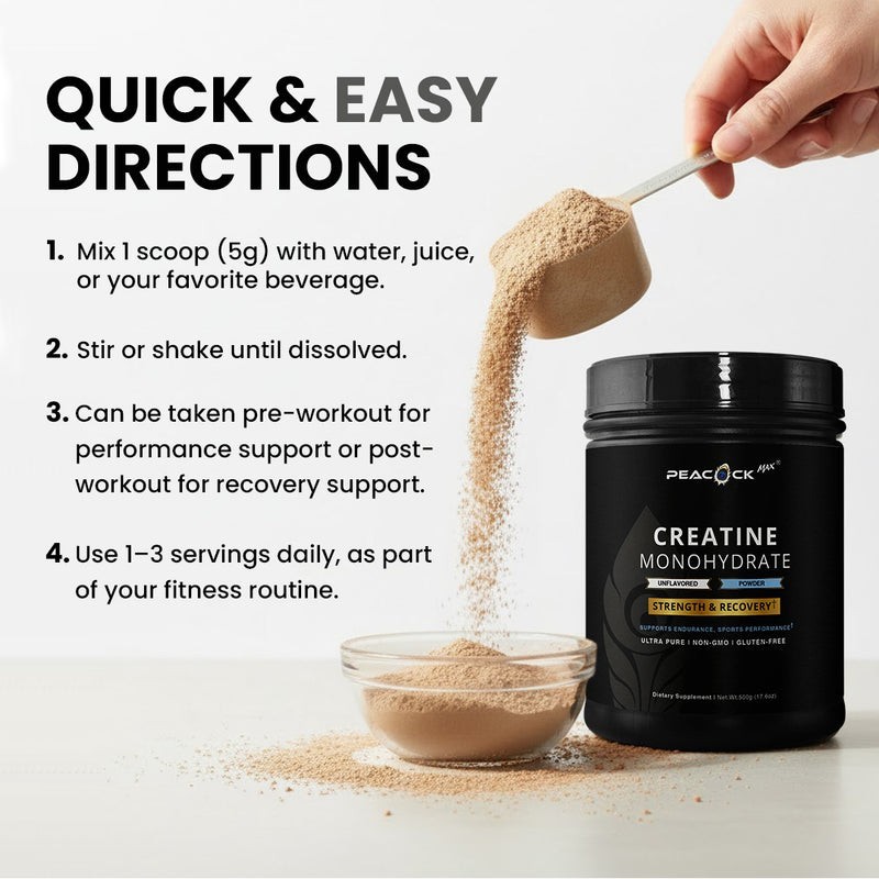 Peacock Max Creatine Monohydrate Powder (500 g, 100 servings)