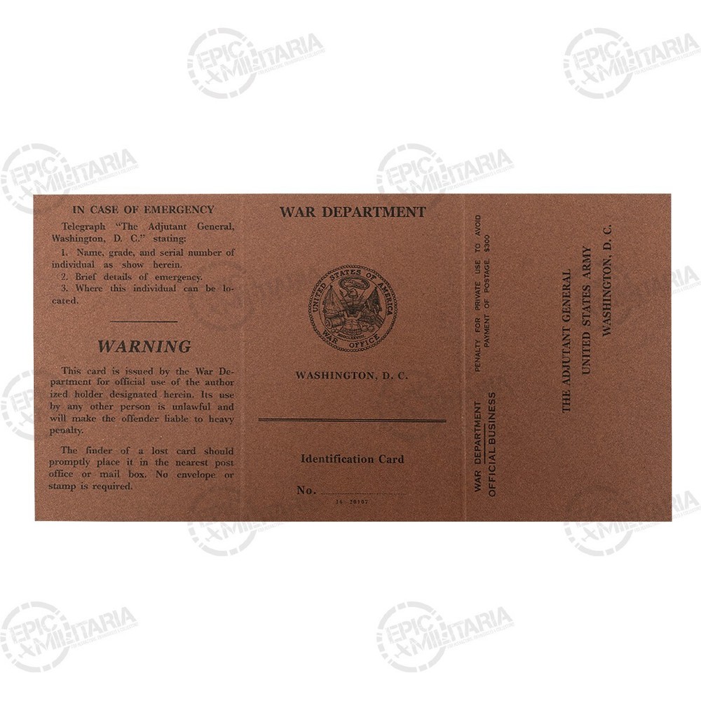 WW2 US Army War Department Identity Card- Authentic Reproduction- Reenactor prop