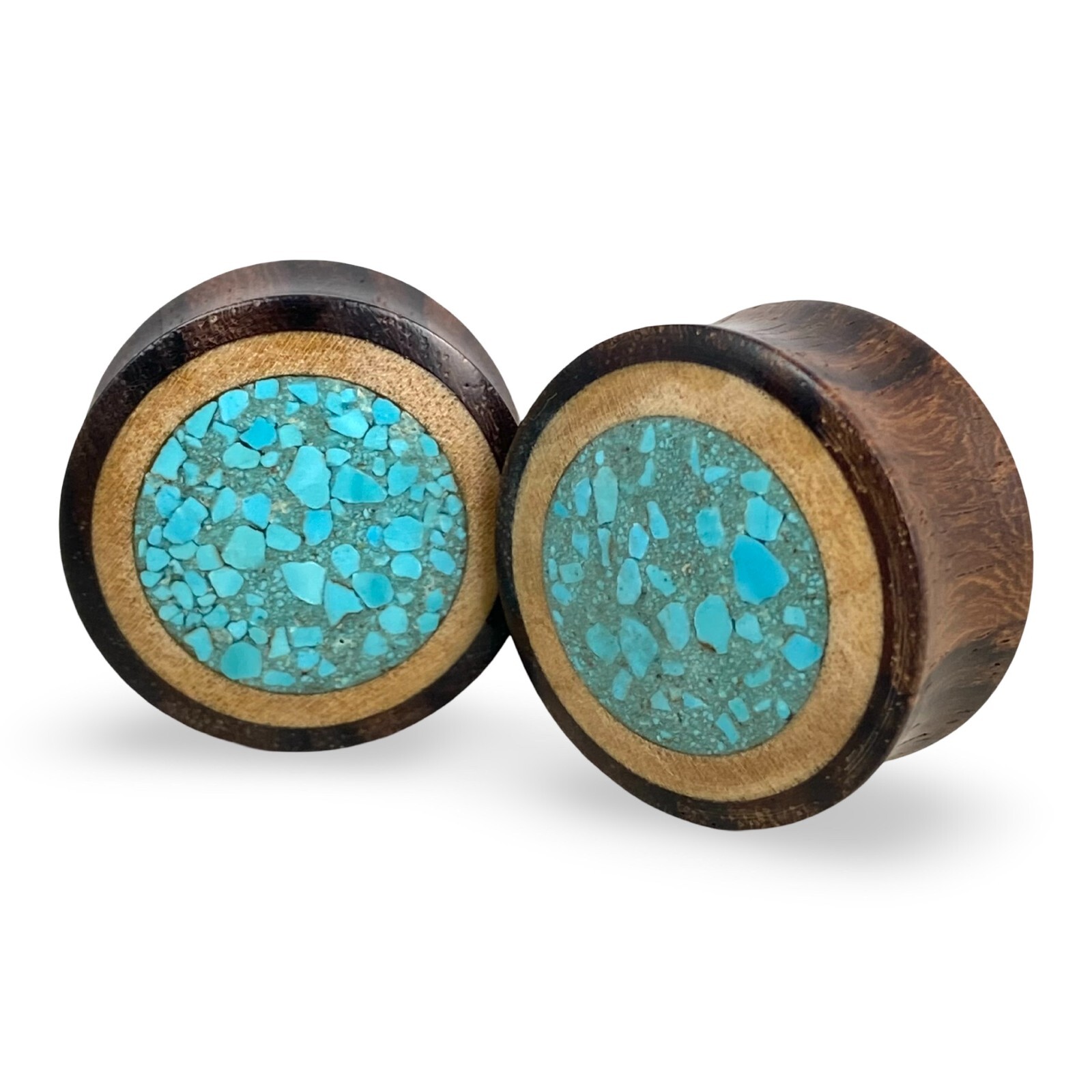 Pair of Sono Wood with Crushed Turquoise Inlay Plugs gauges organic plugs