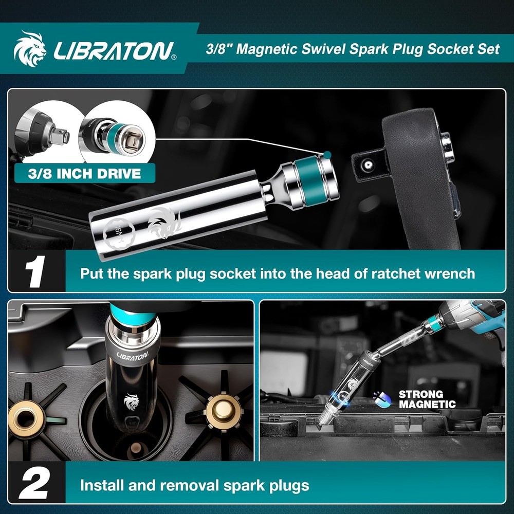 8PCS 3/8"Dr. Magnetic Spark Plug Socket Set, Include Gapper & Extension Bar, Swi