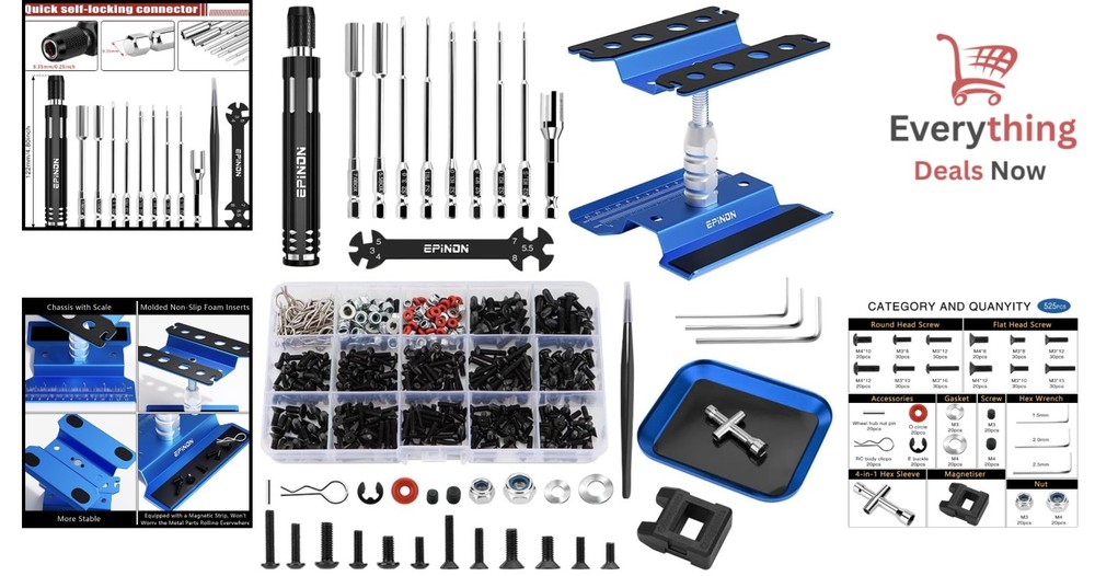 360 Rotating RC Car Work Stand with 520pc Screw Kit & Hex Driver Tool Set 1/10