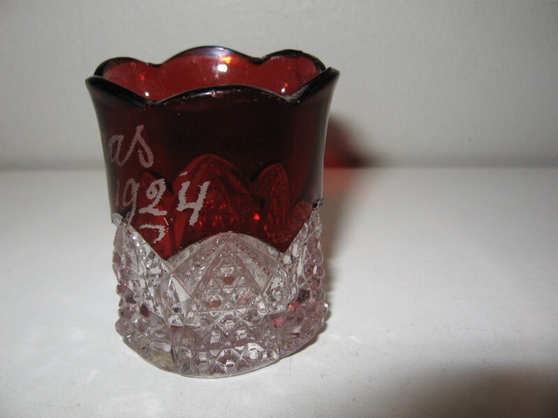 Ruby Flashware Glass Toothpick Holder Marked Xmas 1924 2 1/8" VGC
