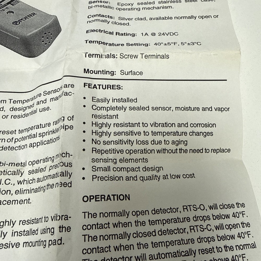 Potter Electric RTS-C Room Temperature Switch Open when below 40