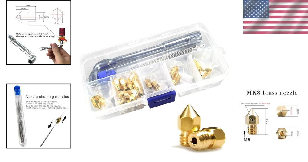Complete 24-Piece MK8 Brass 3D Printer Nozzle Set - Easy Identification & Tools