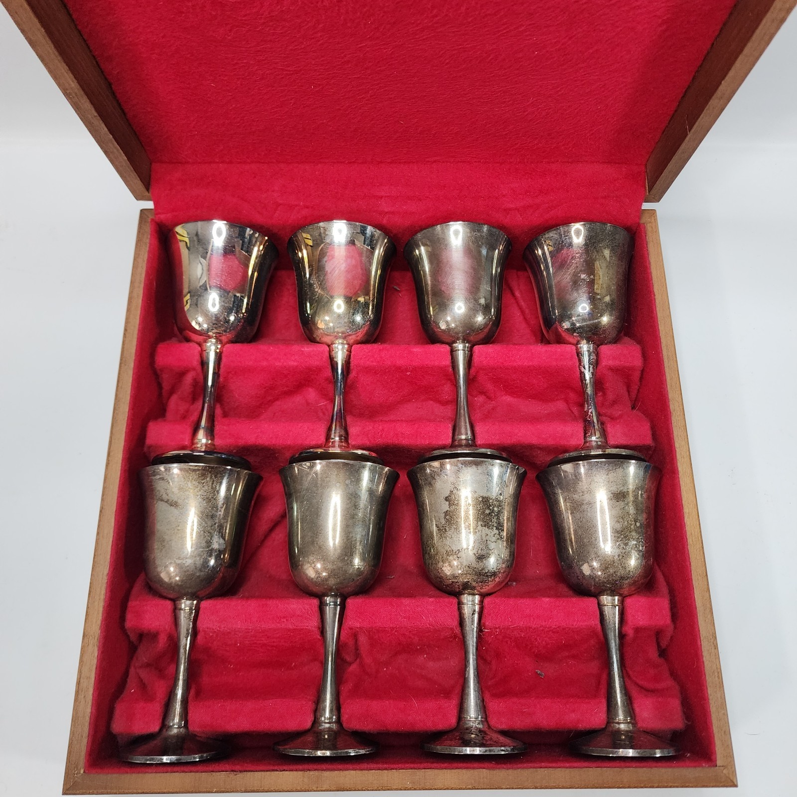 Set of 8 Vtg SALEM Portugal Silverplate water/wine Chalices/Goblets, 6.75" Case