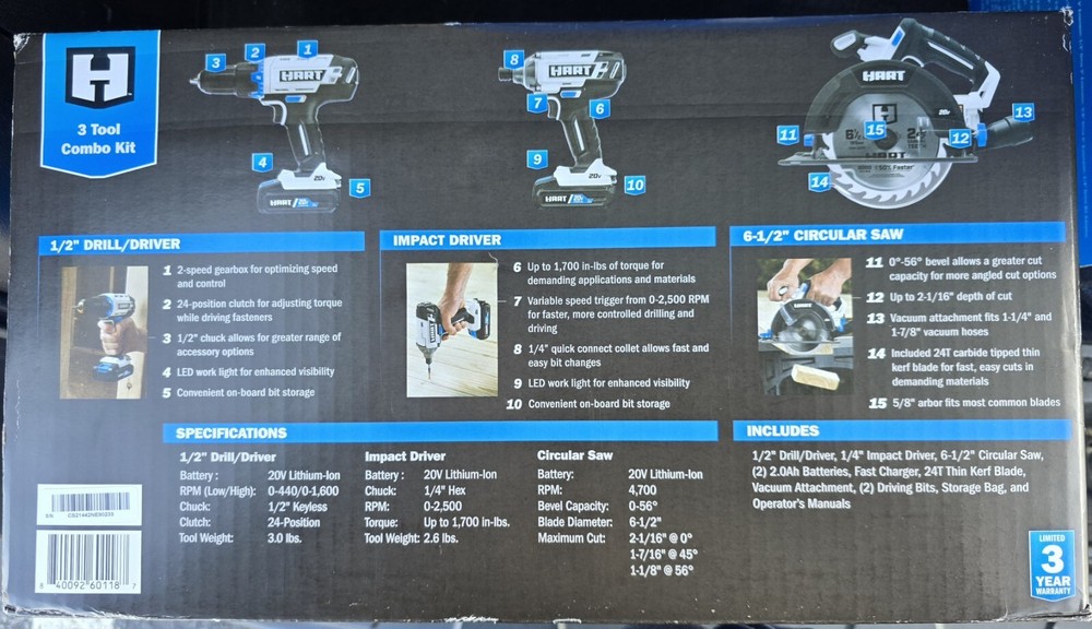 Drill, Impact Driver, Circular Saw Combo - HART HPCK322B Tool Combo Kit