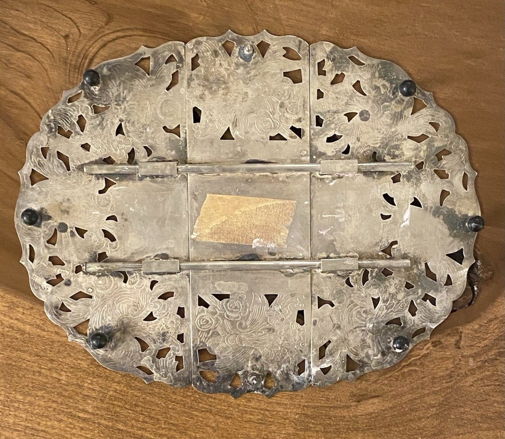 VTG Trivet Ornate Carved Floral Footed Oval Expandable Silver Plate Metal