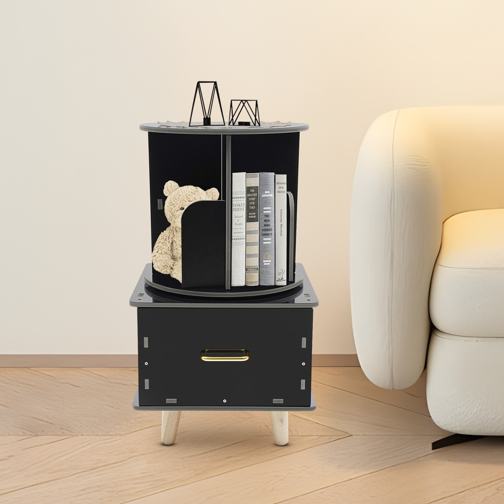 Bedside Table with Drawer, Corner High End Table, Rotating Bookshelf with Drawer