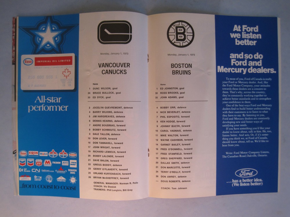 1972/73 VANCOUVER CANUCKS BOSTON BRUINS PROGRAM SHARP!! PHIL ESPOSITO DON AWREY