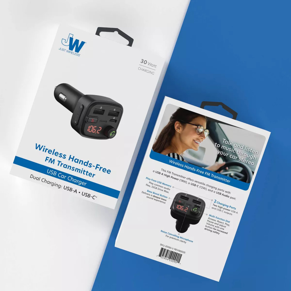 Just Wireless Bluetooth FM Transmitter Type C and USB-A Charging Port Bass Sound
