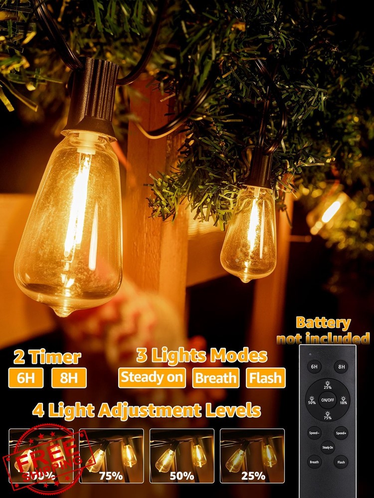 Outdoor String Lights Dimmable 50FT Remote Waterproof Shatterproof Patio