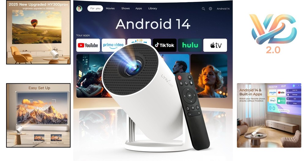 Mini Projector WiFi 6 Bluetooth 5.4 Android 14 1080P 4K Support Portable