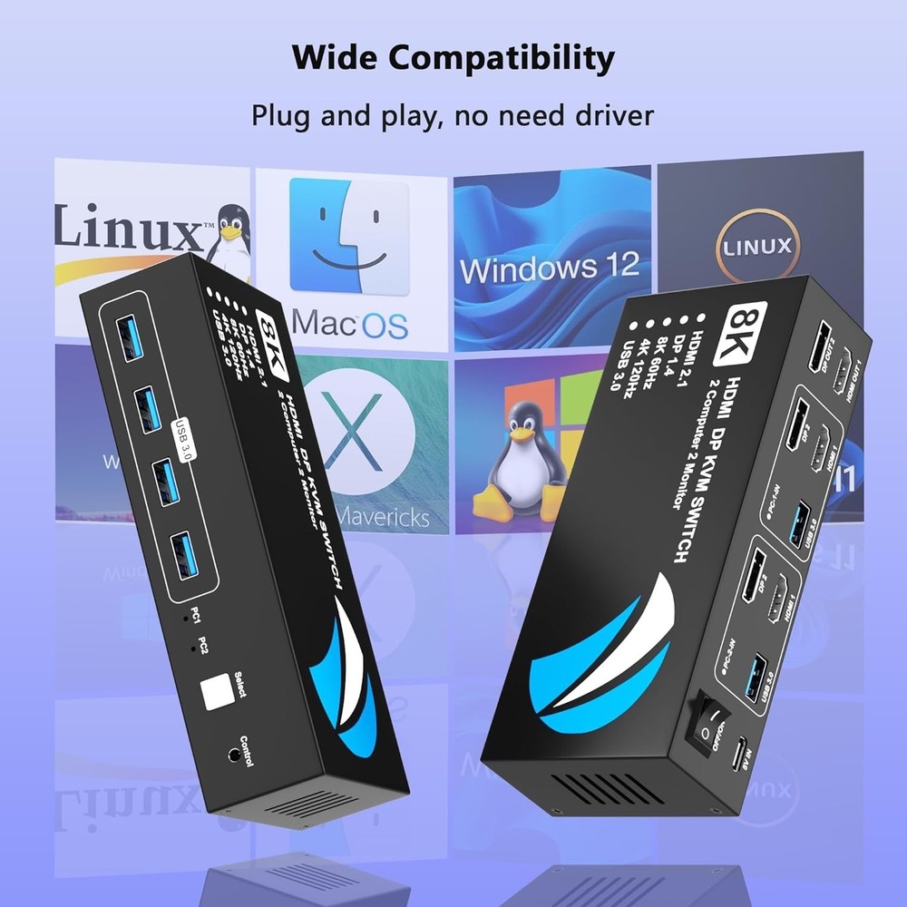 Compact HDMI DisplayPort KVM Switch – 2 PCs & 4 USB Ports – Easy Switch