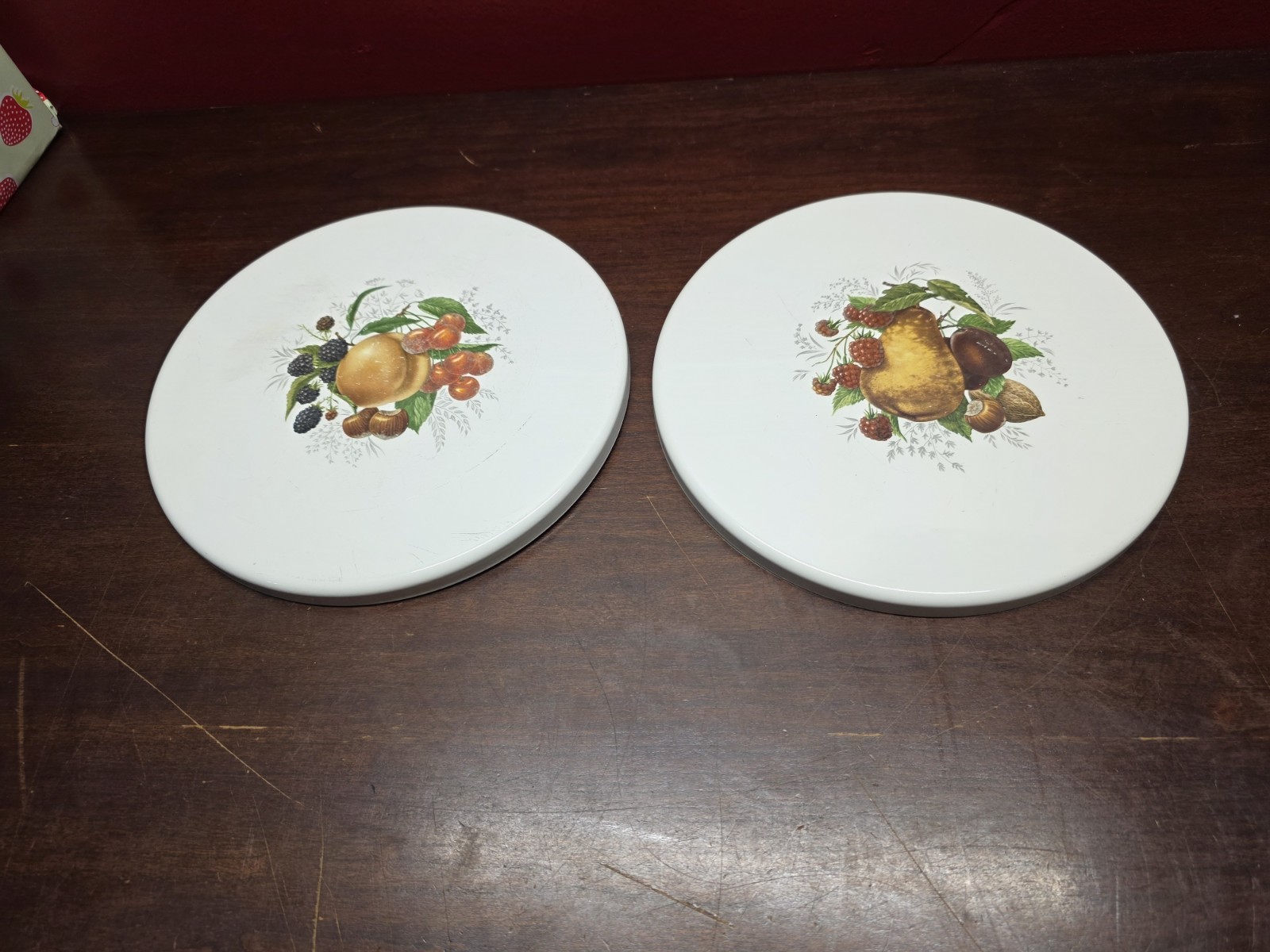 2- vintage enamel stove top burner Covers 10" Fruits Pear Peach