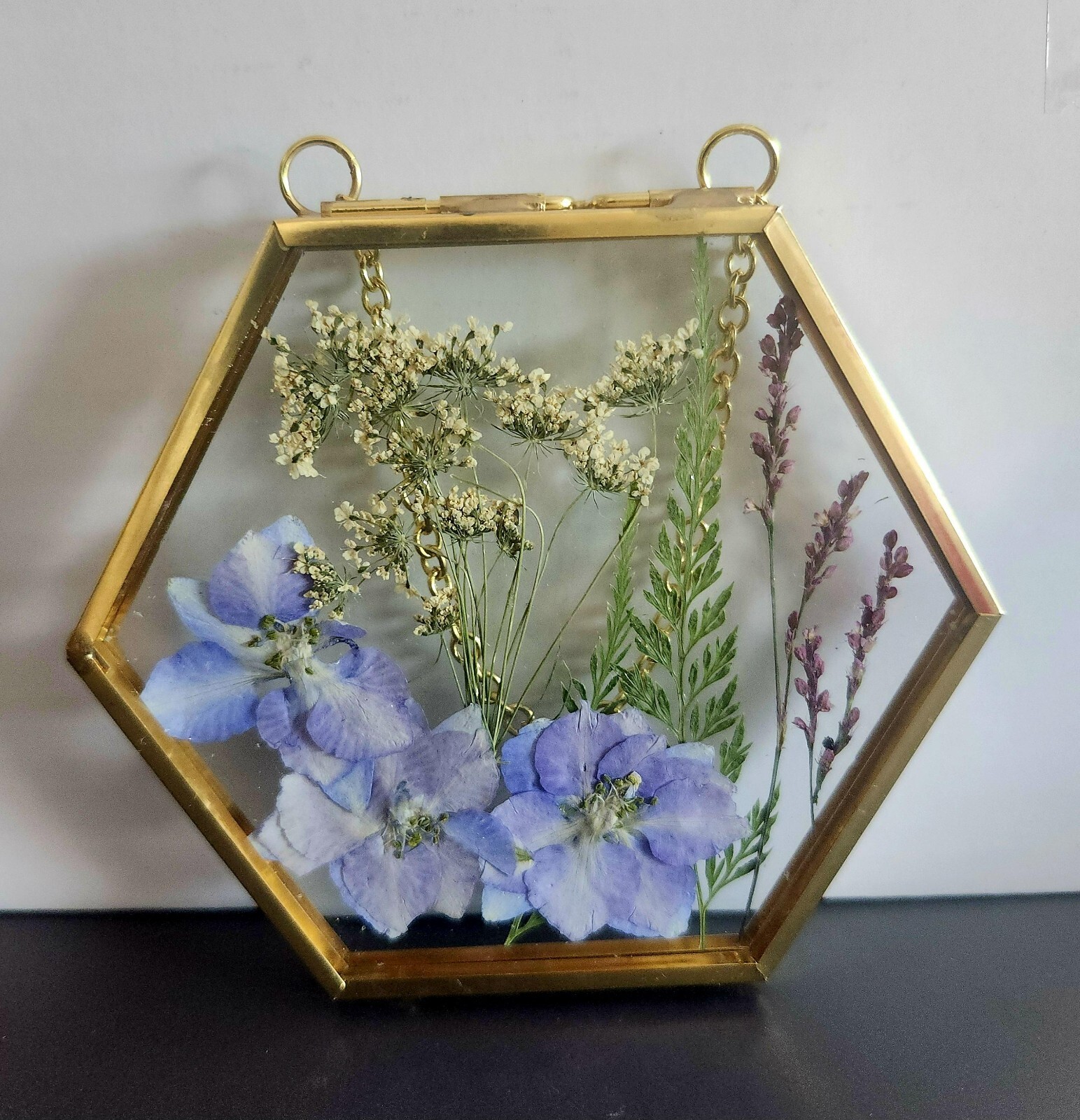 Wall Art Dried Pressed Real Flowers in Glass frame hexagon  3.5 in handmade gift