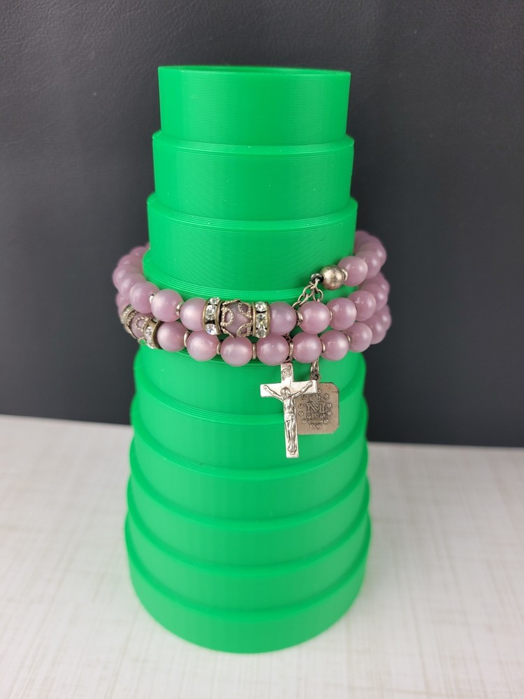 Pink Moon Glo Rhinestone Beaded Rosary Bracelet with Medals