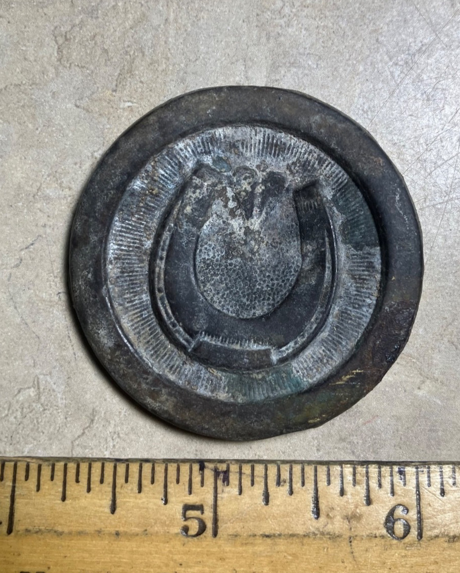 Neat old horseshoe lead-filled brass bridle rosette-New Mexico detecting find