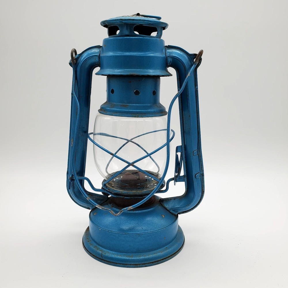 Vintage Blue Lantern Slightly rusty.  May work?  Great Decor