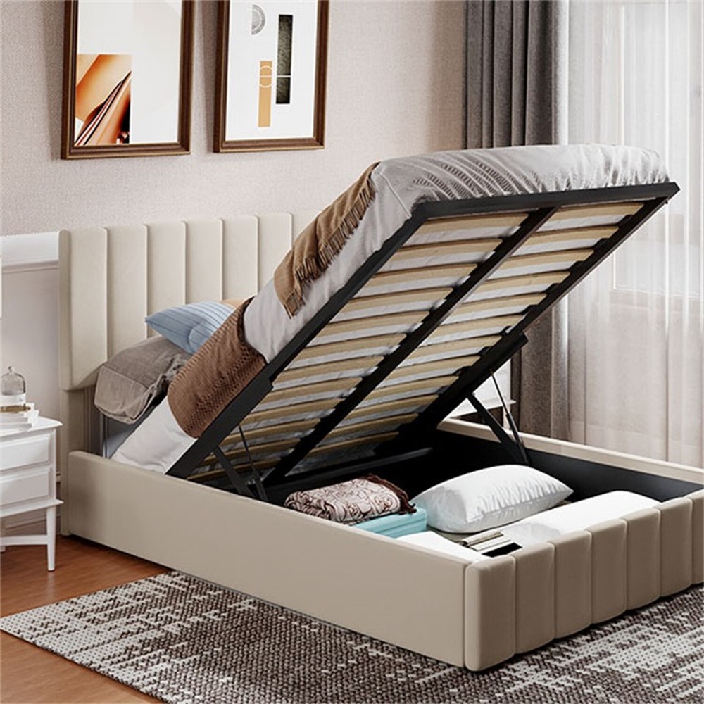 Full Size Upholstered Platform Bed Frame w/ Hydraulic Storage System Beige