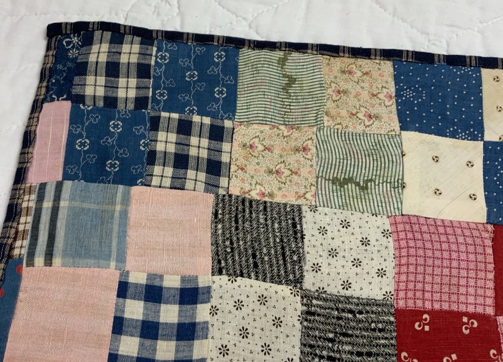 Antique Patchwork Quilt Table Topper, Rectangle, Four Patch, Early Calico Prints