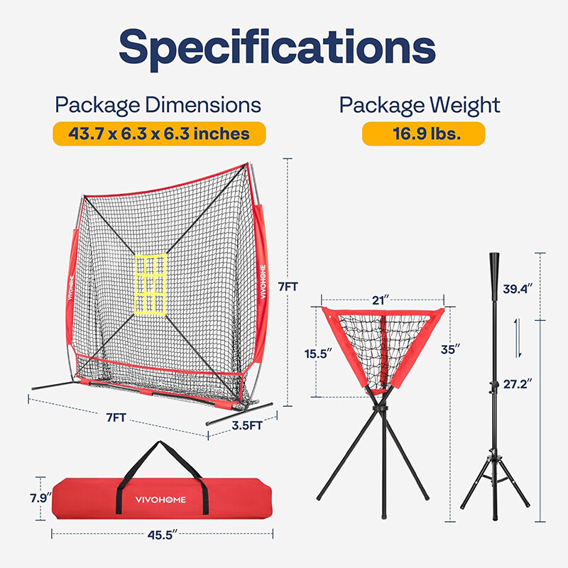 7x7ft Baseball Softball Practice Net with 2 Strike Zone Batting Tee & Carry Bag