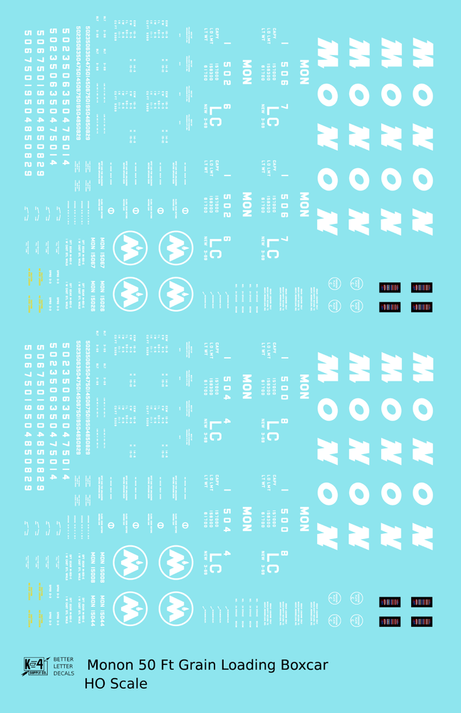 K4 HO Scale Decals Monon 50 Ft Grain Loading Boxcar White